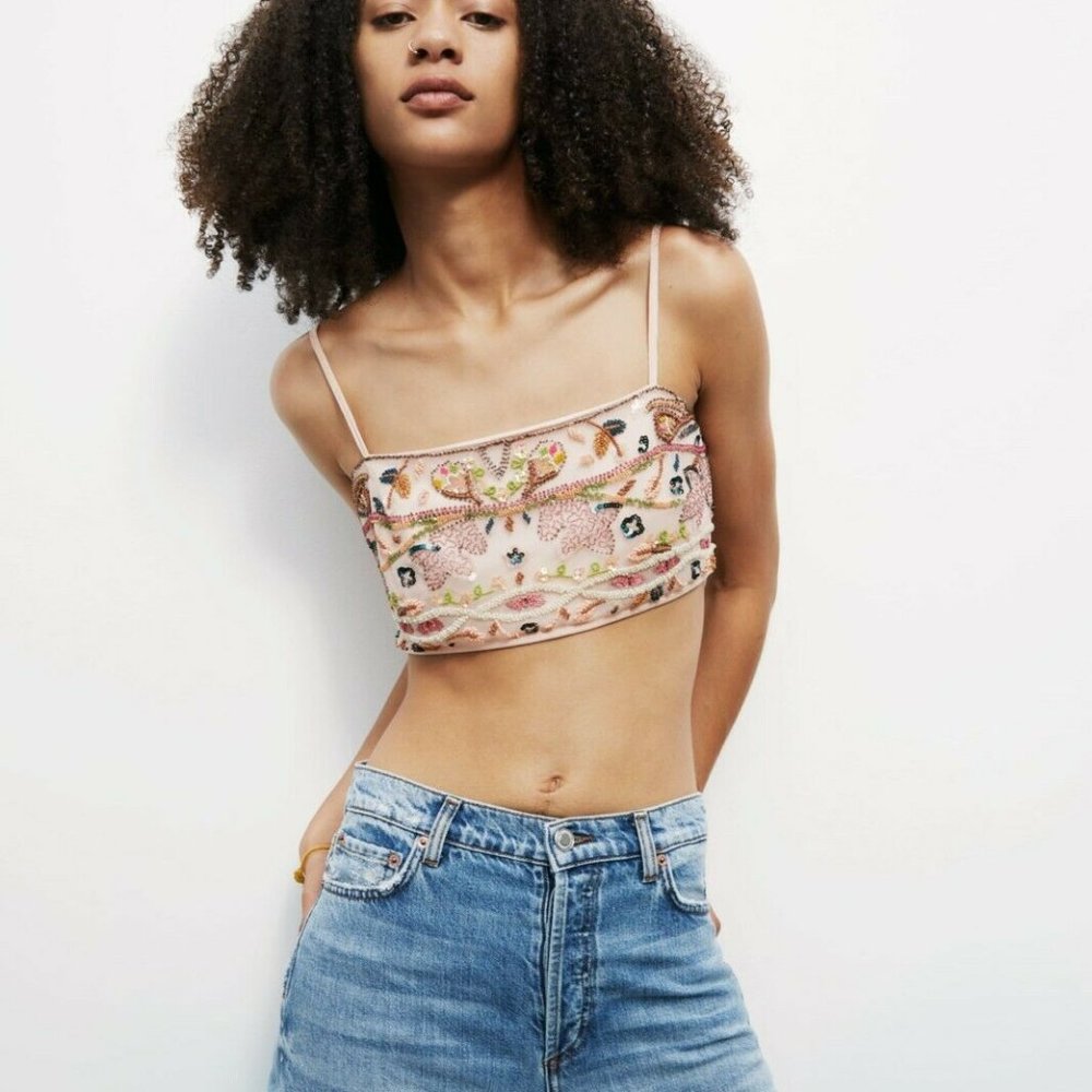 New Zara Embroidered Bustier in Beige-Pink Size S
